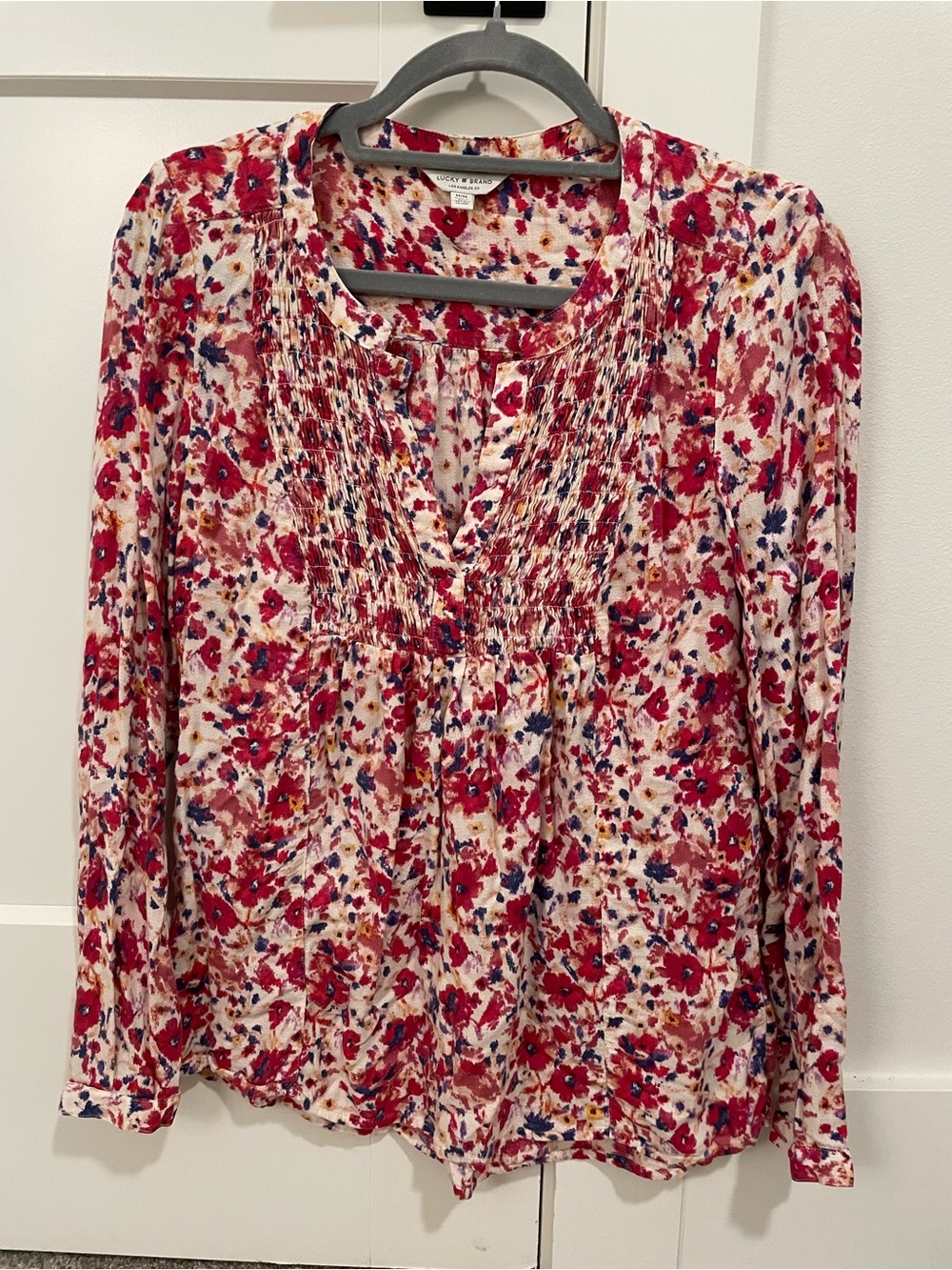 Lucky Brand Pink and Red Floral Pintuck Blouse